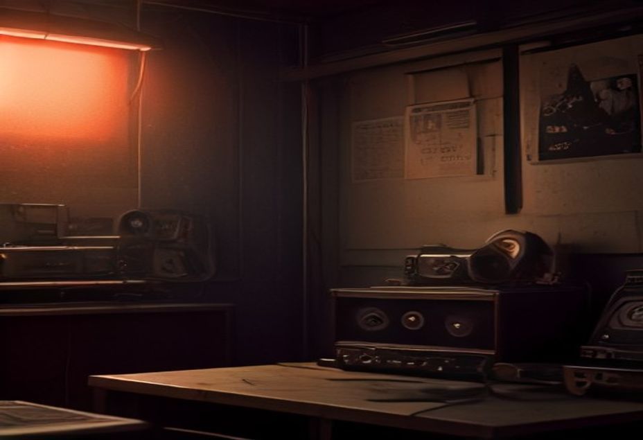 Guitarra eléctrica apoyada contra una consola de radio antigua en una cabina de emisora, con el cartel de ON AIR encendido