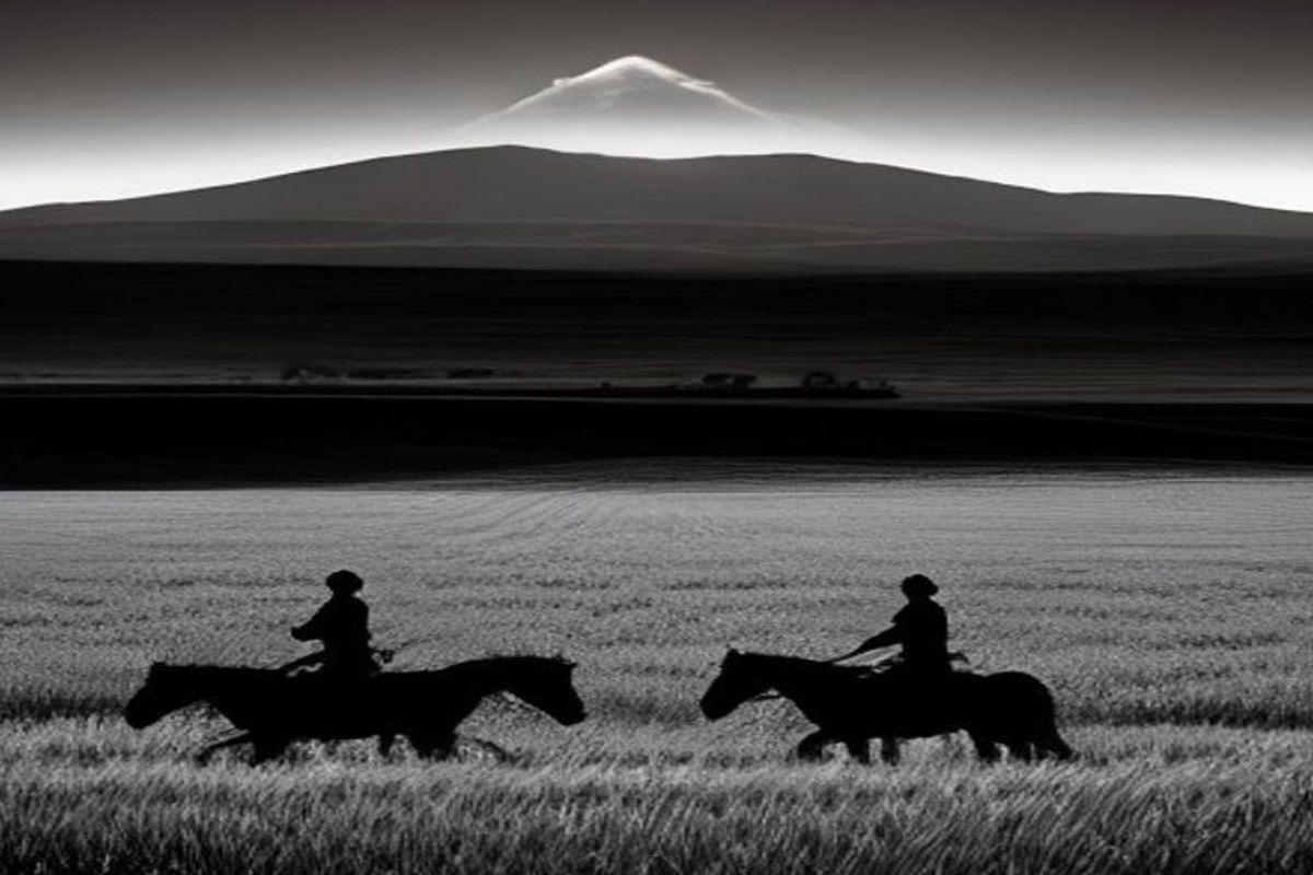 Pueblo de campos de trigo con jinetes oscuros acercándose desde el horizonte