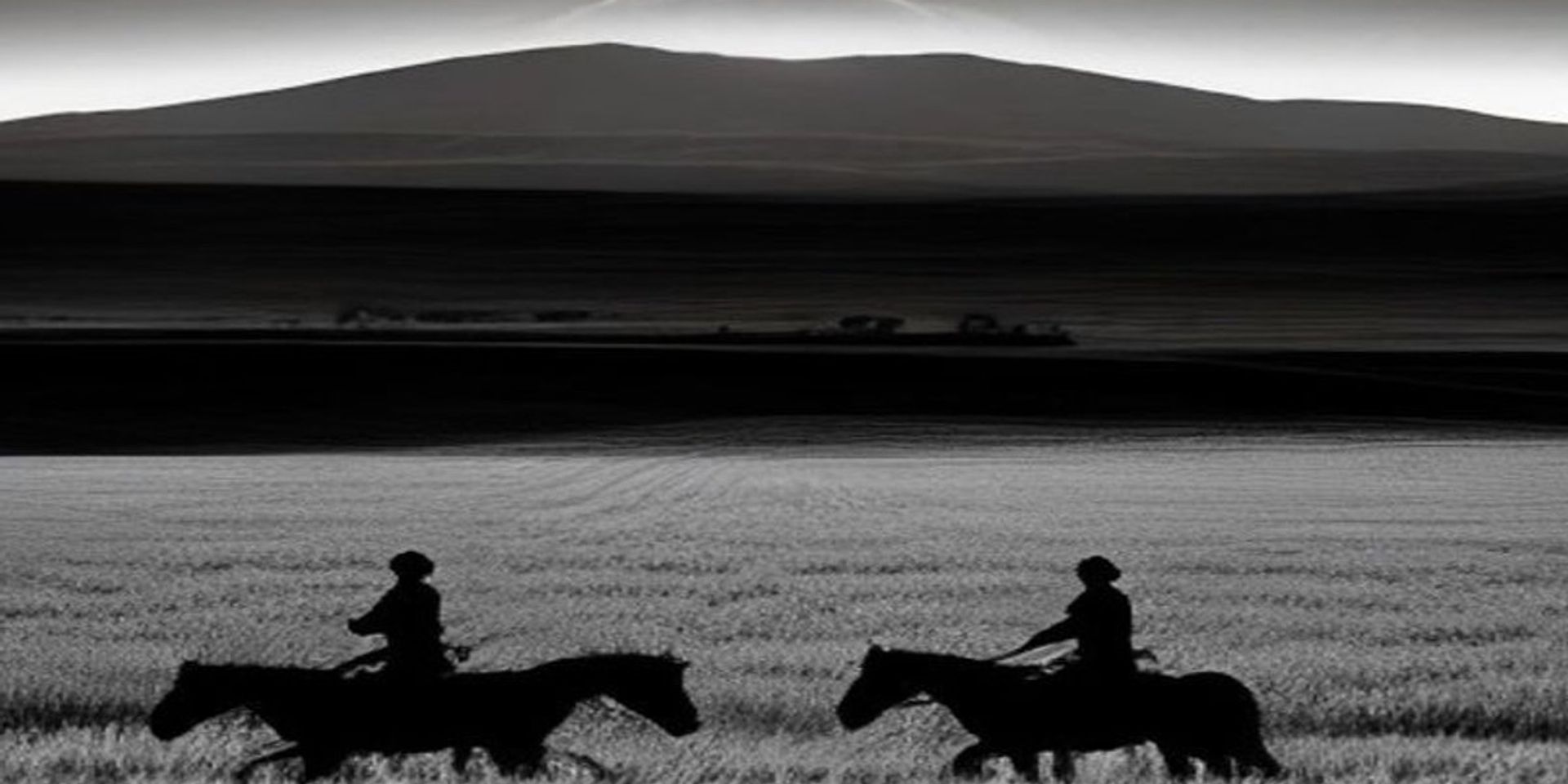 Pueblo de campos de trigo con jinetes oscuros acercándose desde el horizonte