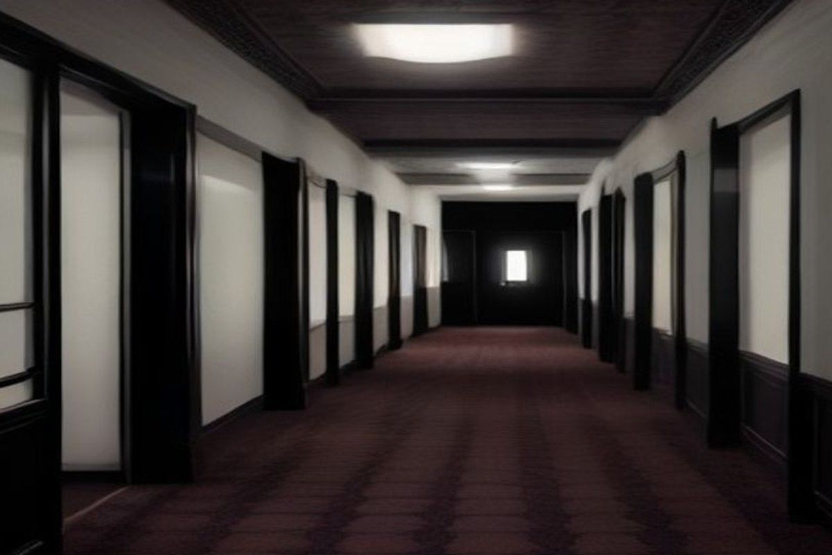 Un pasillo de hotel vacío y simétrico que se pierde en la penumbra, con luz fría y sensación de aislamiento