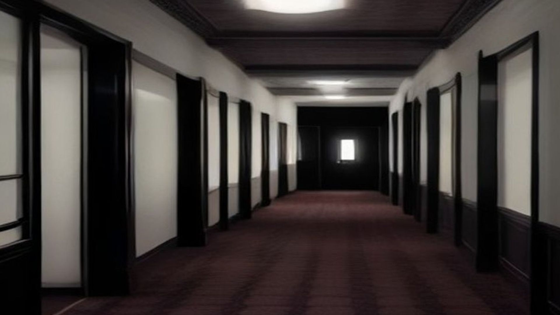 Un pasillo de hotel vacío y simétrico que se pierde en la penumbra, con luz fría y sensación de aislamiento