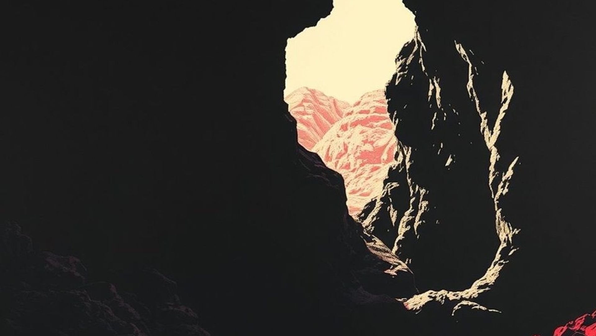 Serigrafía a dos tintas en negro y rojo: la boca oscura de una cueva derrumbada en una ladera desértica, con un haz de luz dura cayendo dentro