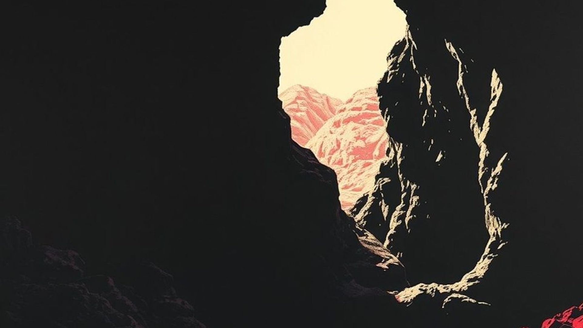 Serigrafía a dos tintas en negro y rojo: la boca oscura de una cueva derrumbada en una ladera desértica, con un haz de luz dura cayendo dentro