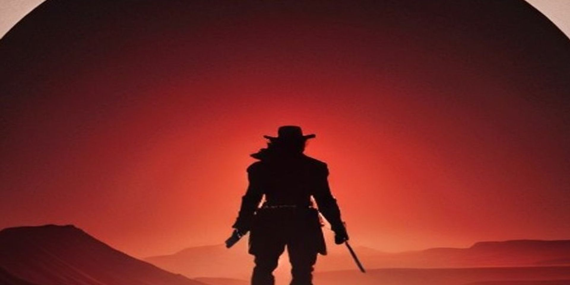 Silueta de un pistolero cruzando un desierto rojo interminable hacia una torre lejana