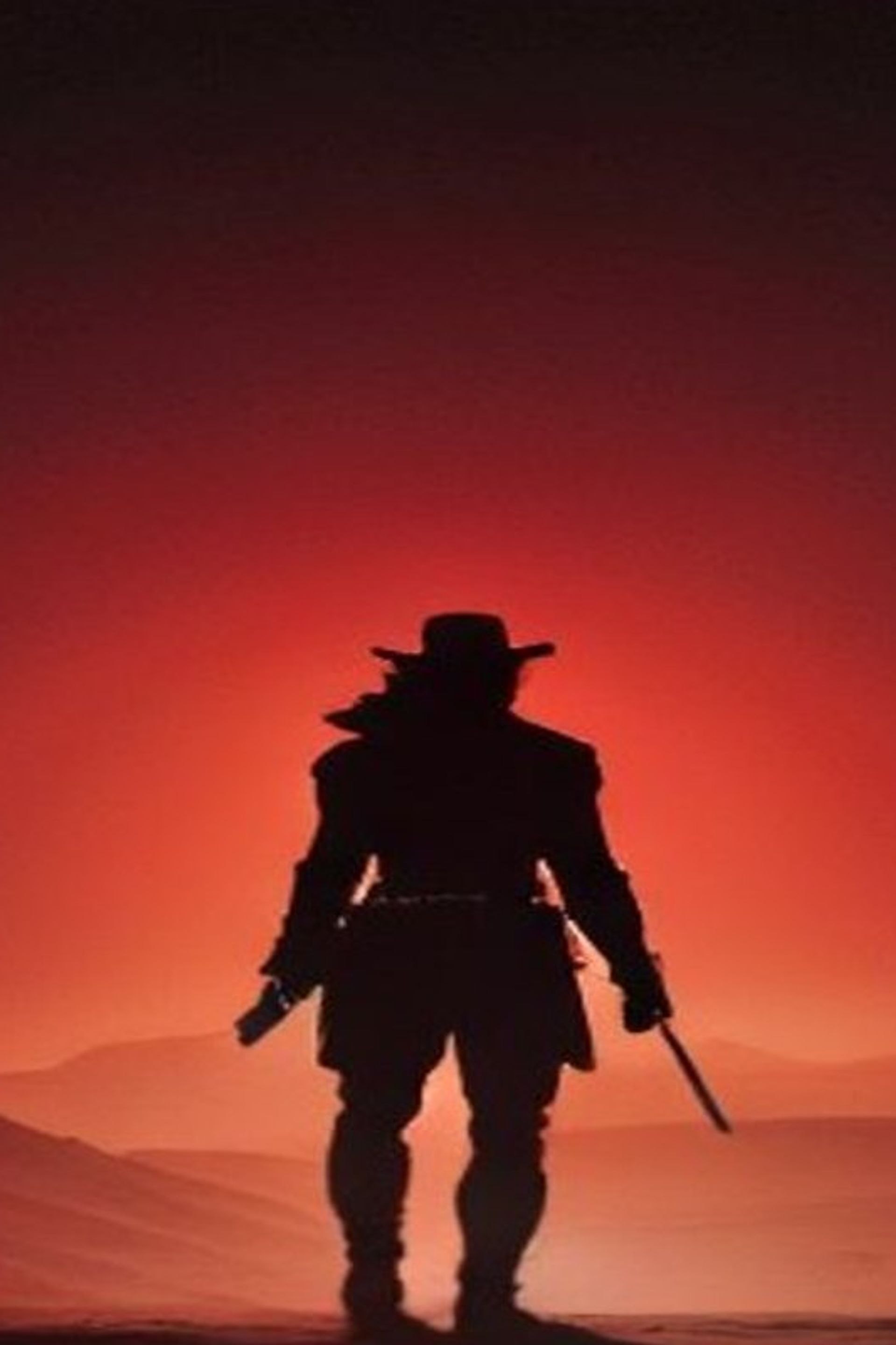 Silueta de un pistolero cruzando un desierto rojo interminable hacia una torre lejana