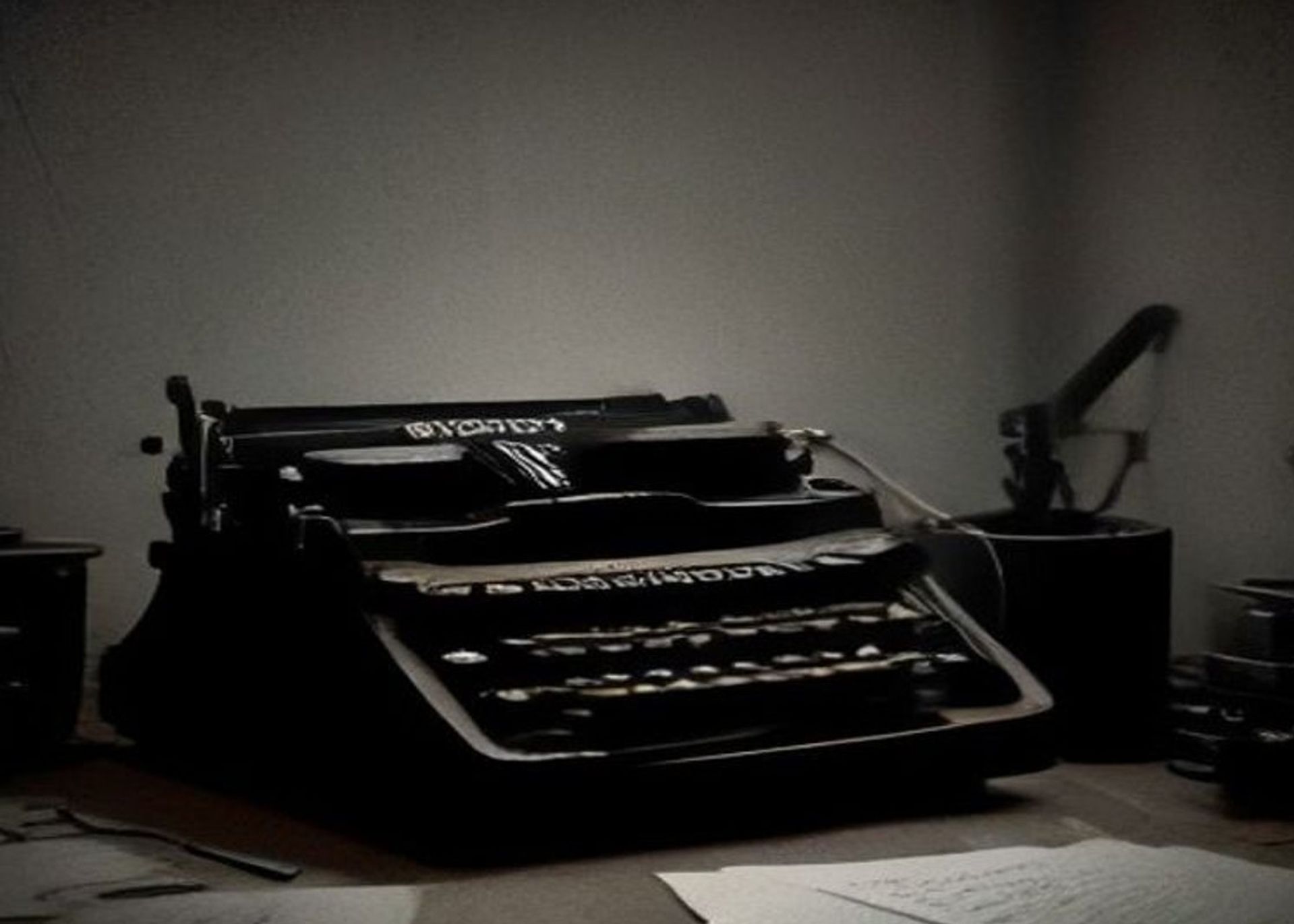 Máquina de escribir sobre un escritorio de madera en una habitación oscura, con páginas de manuscrito arrugadas alrededor