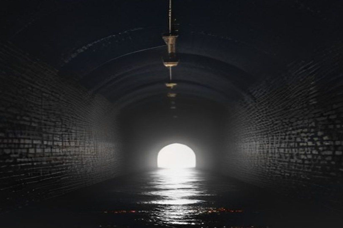 Túnel de cloaca oscuro con tres luces naranjas brillando al fondo, telarañas colgando del techo