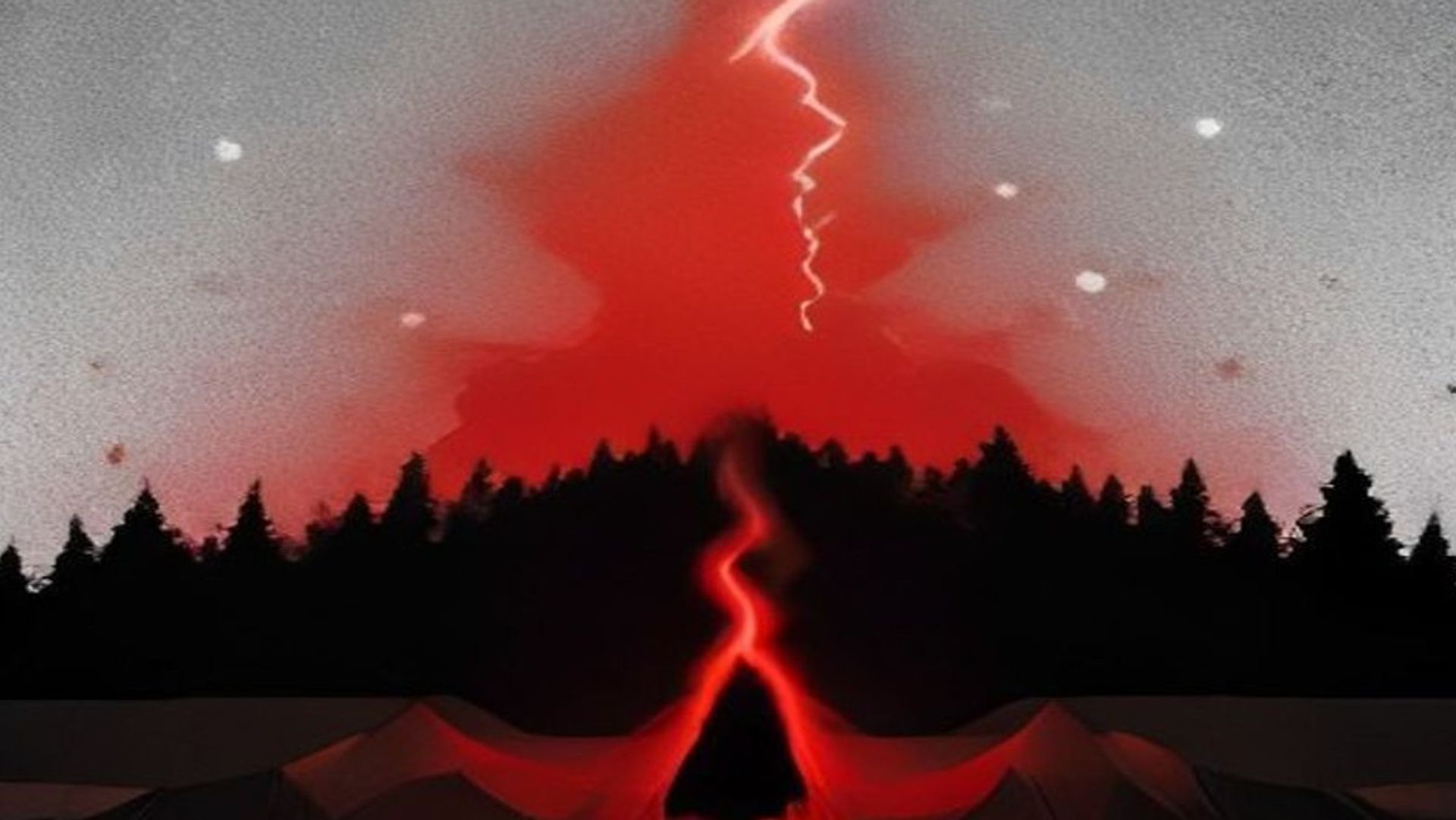 Camilla vacía en un laboratorio de montaña durante una tormenta eléctrica, con una puerta oscura abriéndose en el aire
