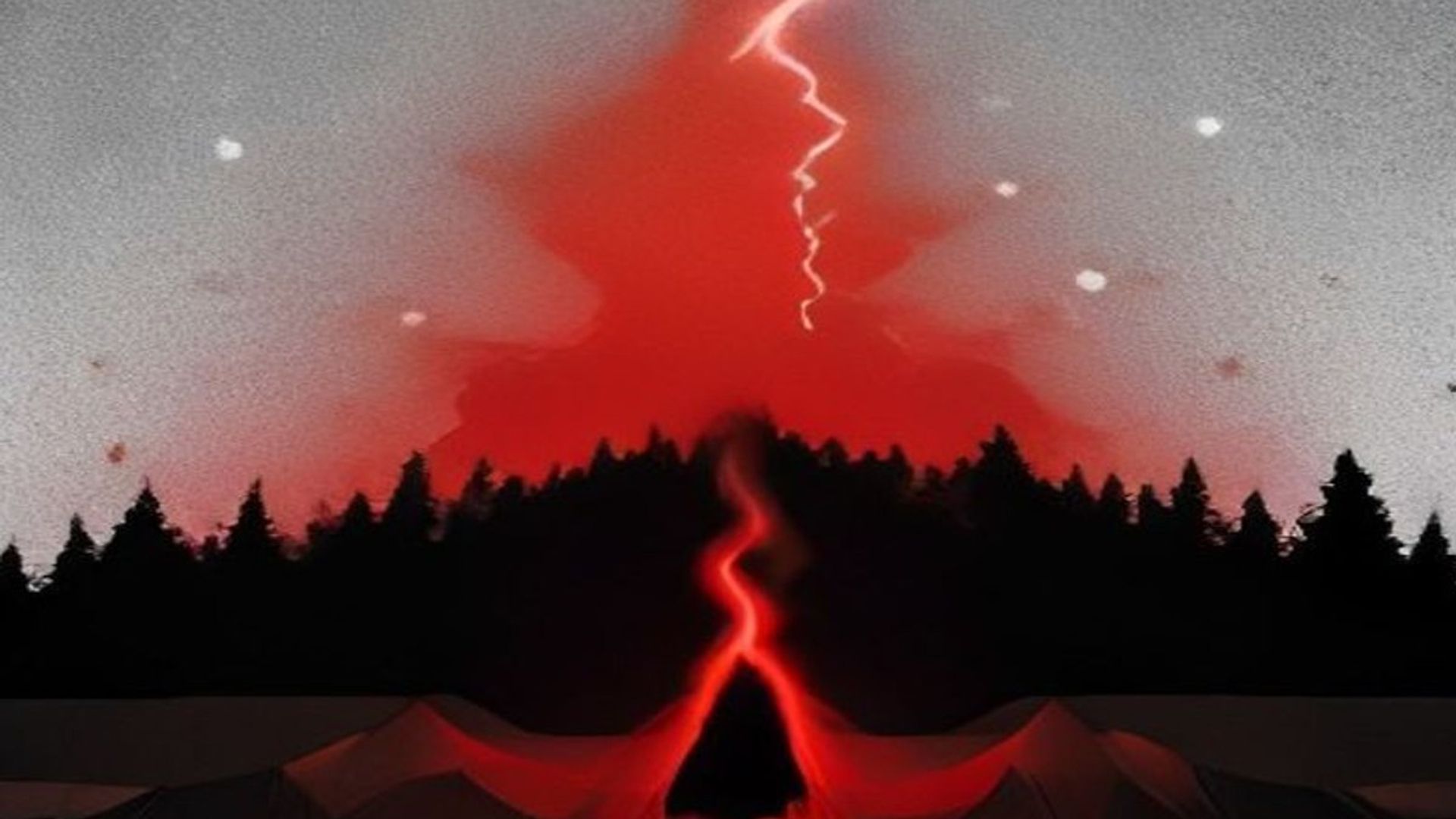 Camilla vacía en un laboratorio de montaña durante una tormenta eléctrica, con una puerta oscura abriéndose en el aire