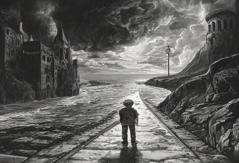 Una ilustración a pluma en blanco y negro de un niño en el umbral entre dos mundos, un reino de fantasía medieval y una carretera costera