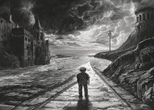 Una ilustración a pluma en blanco y negro de un niño en el umbral entre dos mundos, un reino de fantasía medieval y una carretera costera