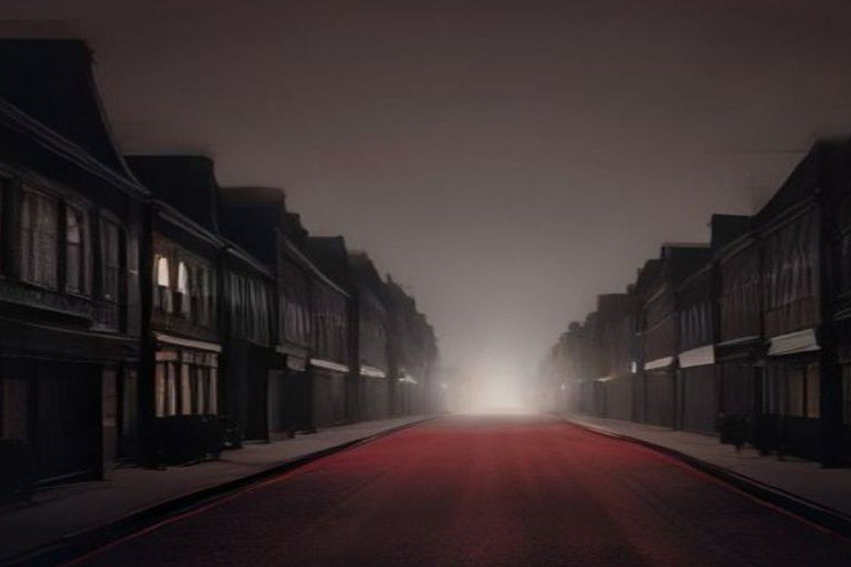 Calle residencial de Londres vacía y de noche, con casas victorianas de ladrillo rojo y farolas tragadas por la niebla
