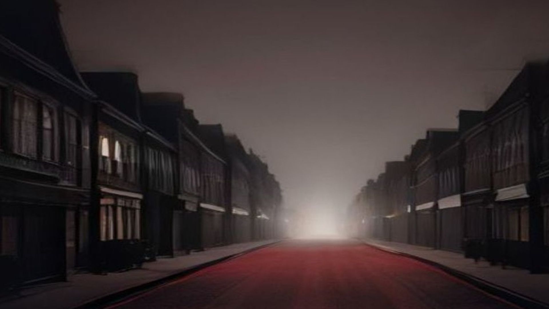 Calle residencial de Londres vacía y de noche, con casas victorianas de ladrillo rojo y farolas tragadas por la niebla