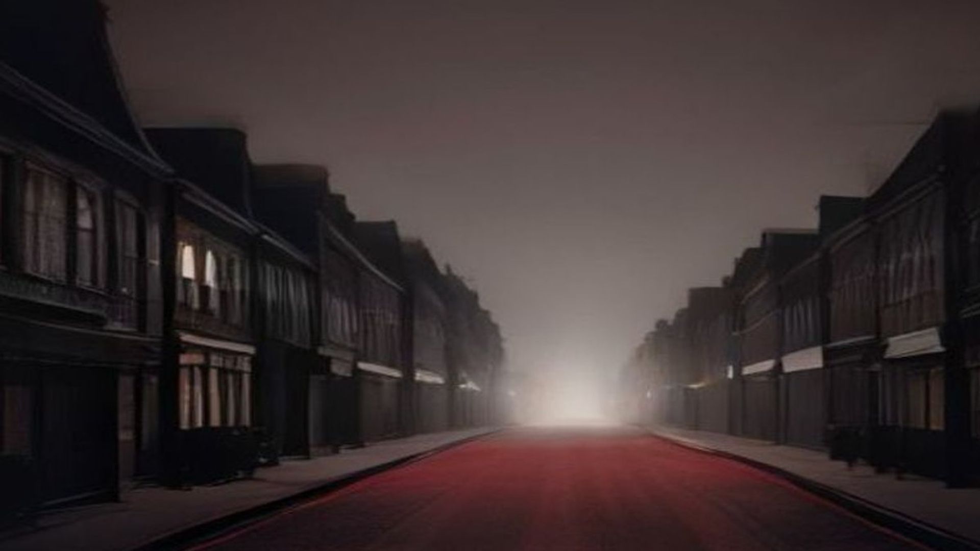 Calle residencial de Londres vacía y de noche, con casas victorianas de ladrillo rojo y farolas tragadas por la niebla