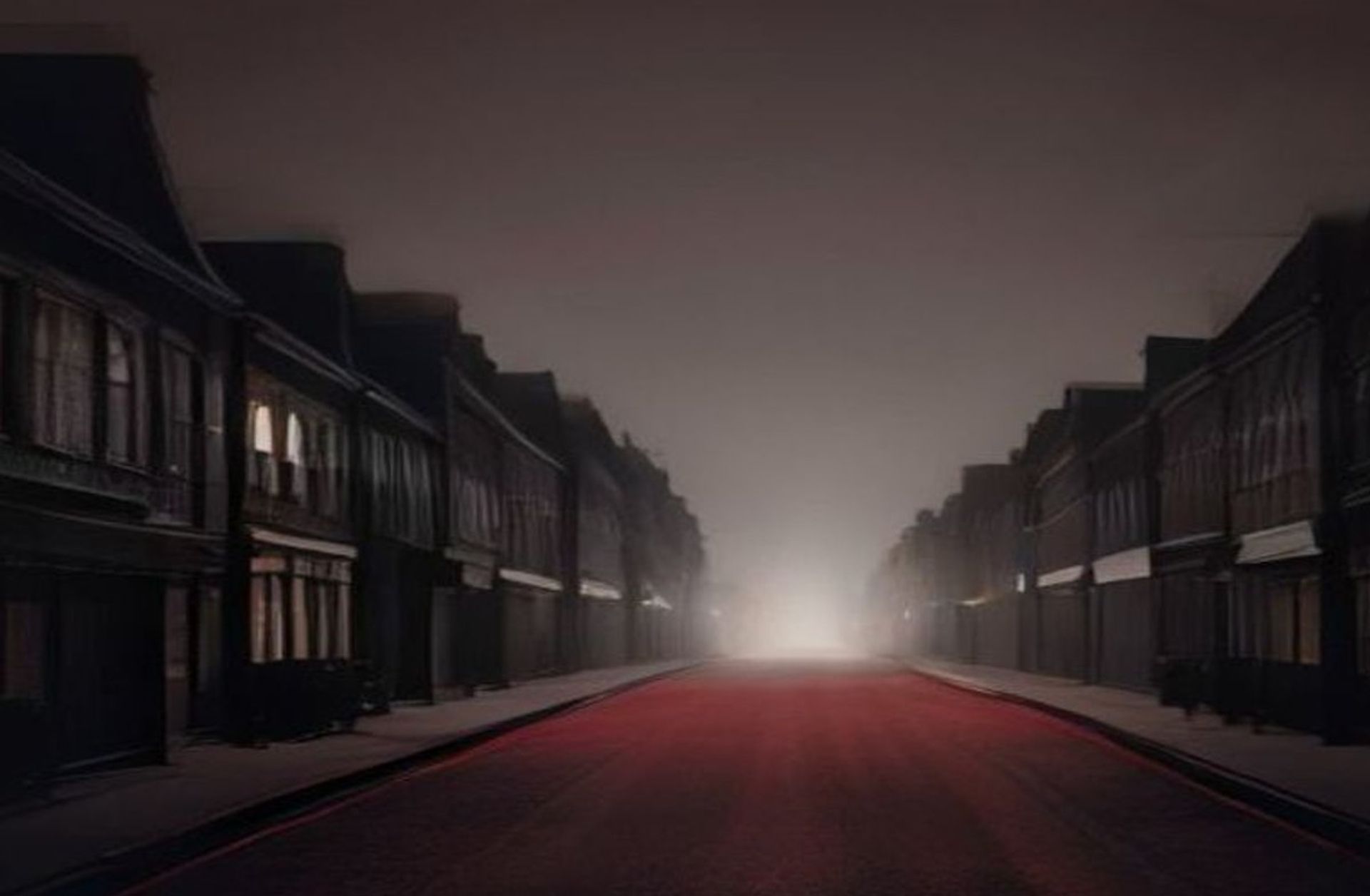 Calle residencial de Londres vacía y de noche, con casas victorianas de ladrillo rojo y farolas tragadas por la niebla