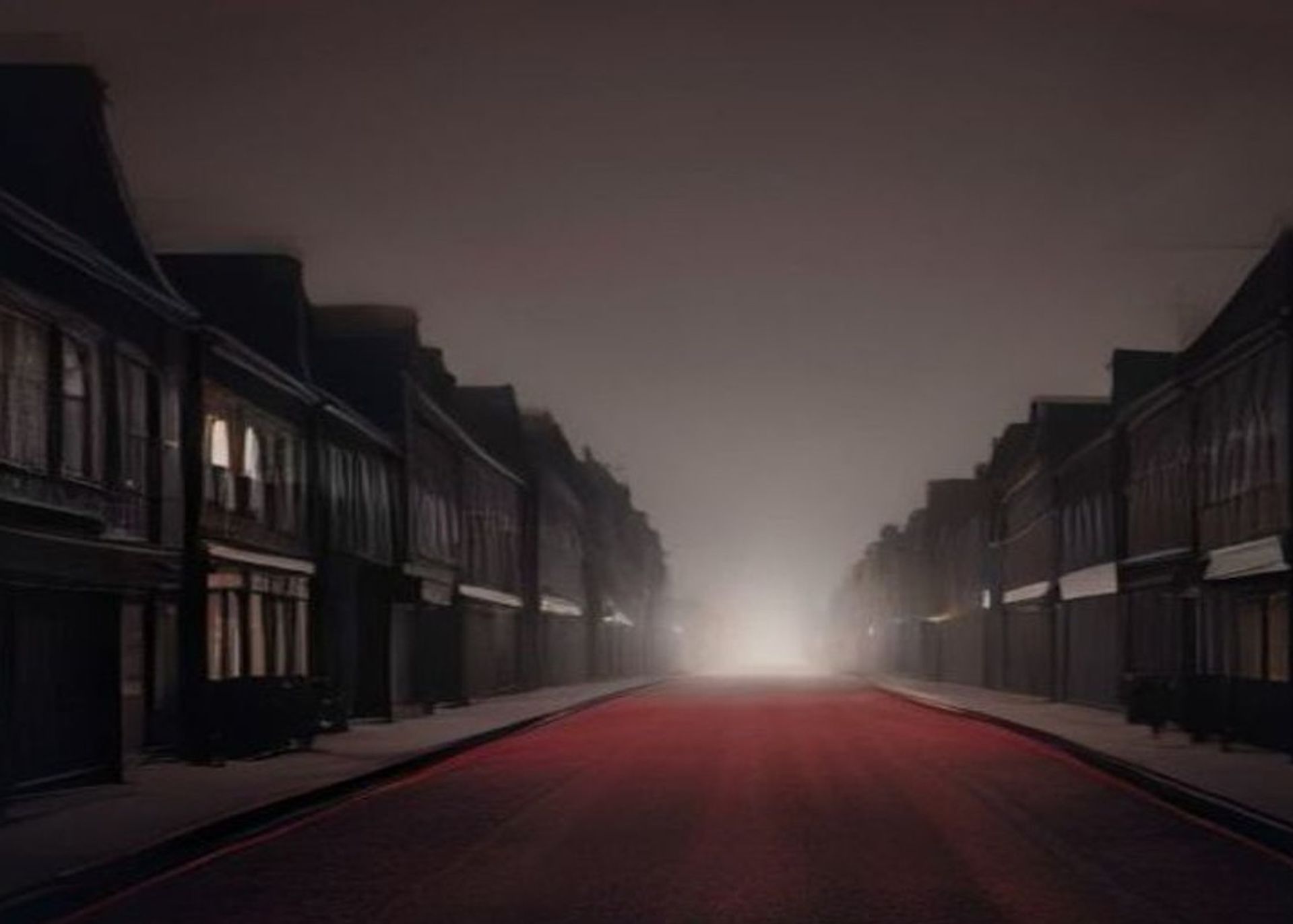 Calle residencial de Londres vacía y de noche, con casas victorianas de ladrillo rojo y farolas tragadas por la niebla