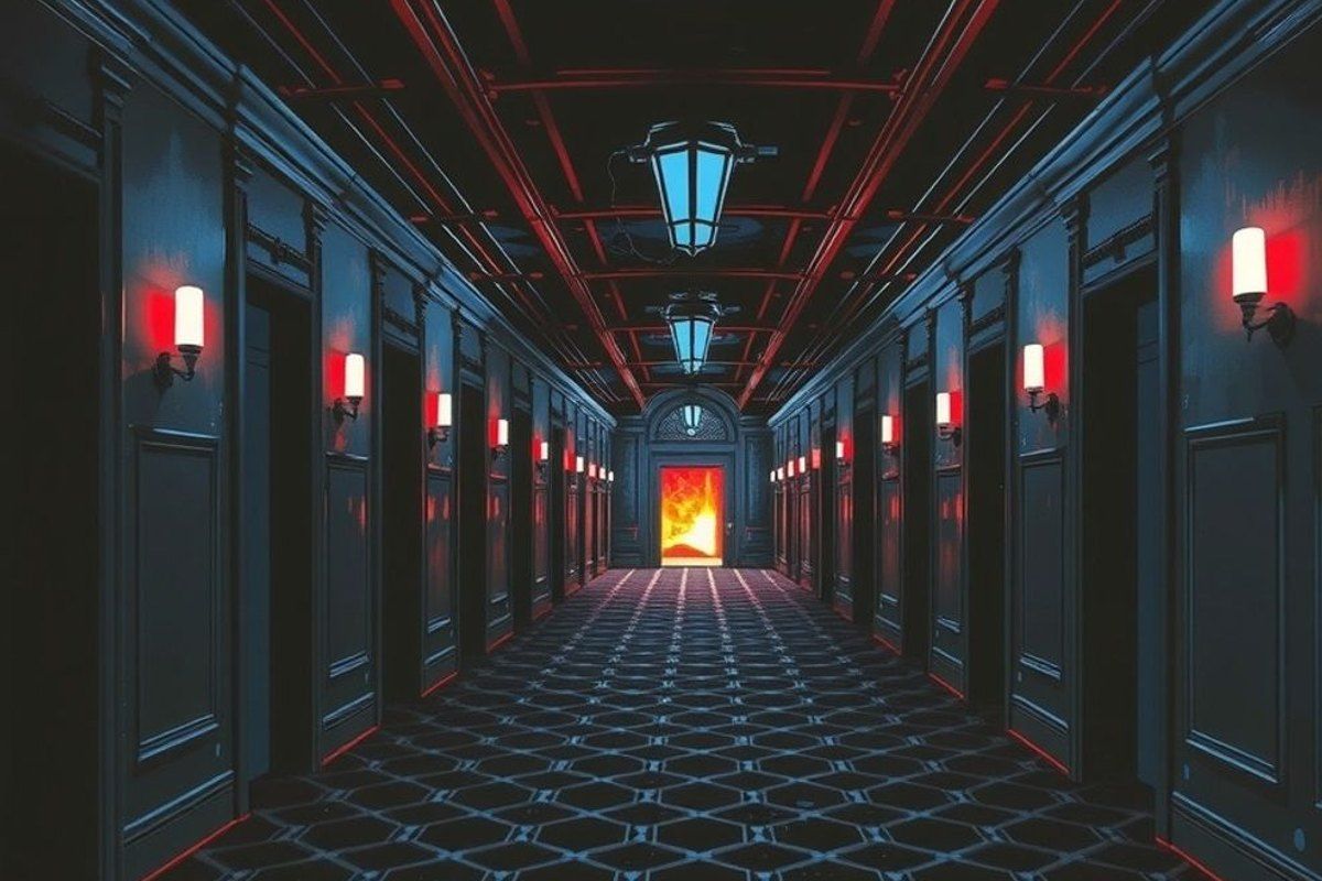 Pasillo abandonado del Overlook Hotel con un resplandor de fuego al fondo