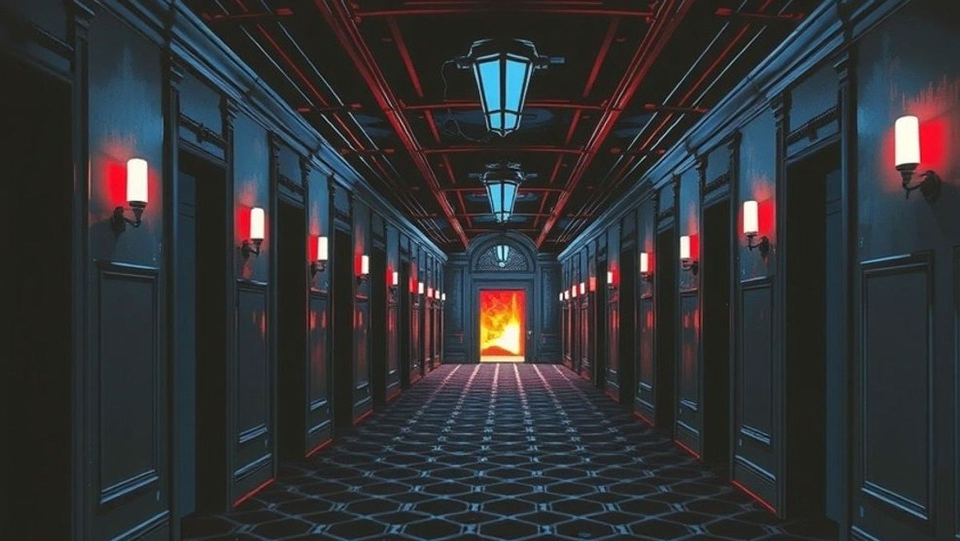 Pasillo abandonado del Overlook Hotel con un resplandor de fuego al fondo