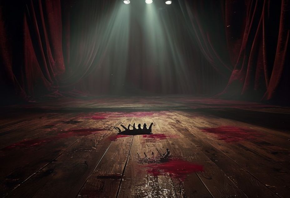 Escenario teatral vacío con un foco iluminando una corona caída sobre las tablas manchadas de rojo
