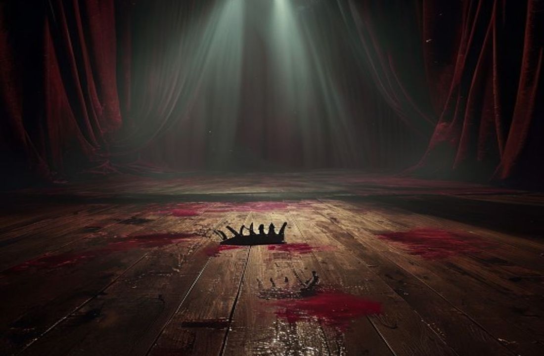 Escenario teatral vacío con un foco iluminando una corona caída sobre las tablas manchadas de rojo
