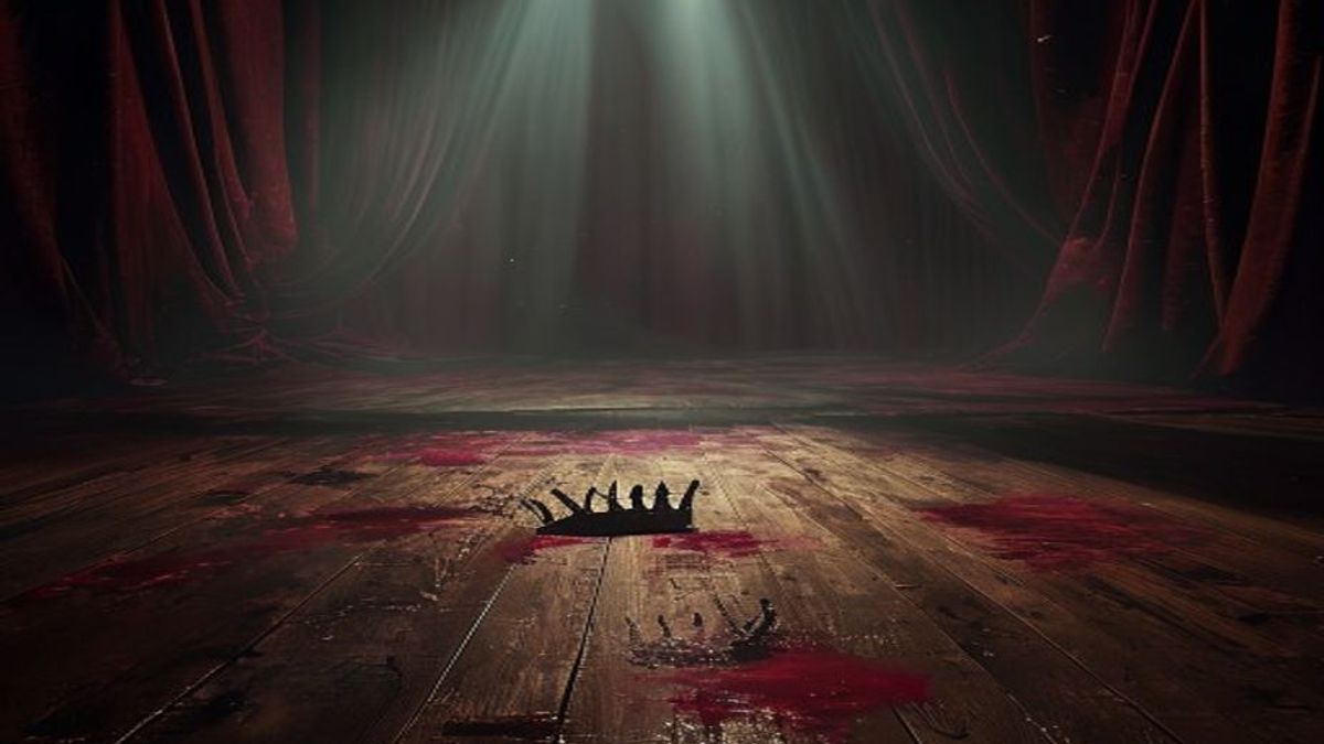 Escenario teatral vacío con un foco iluminando una corona caída sobre las tablas manchadas de rojo