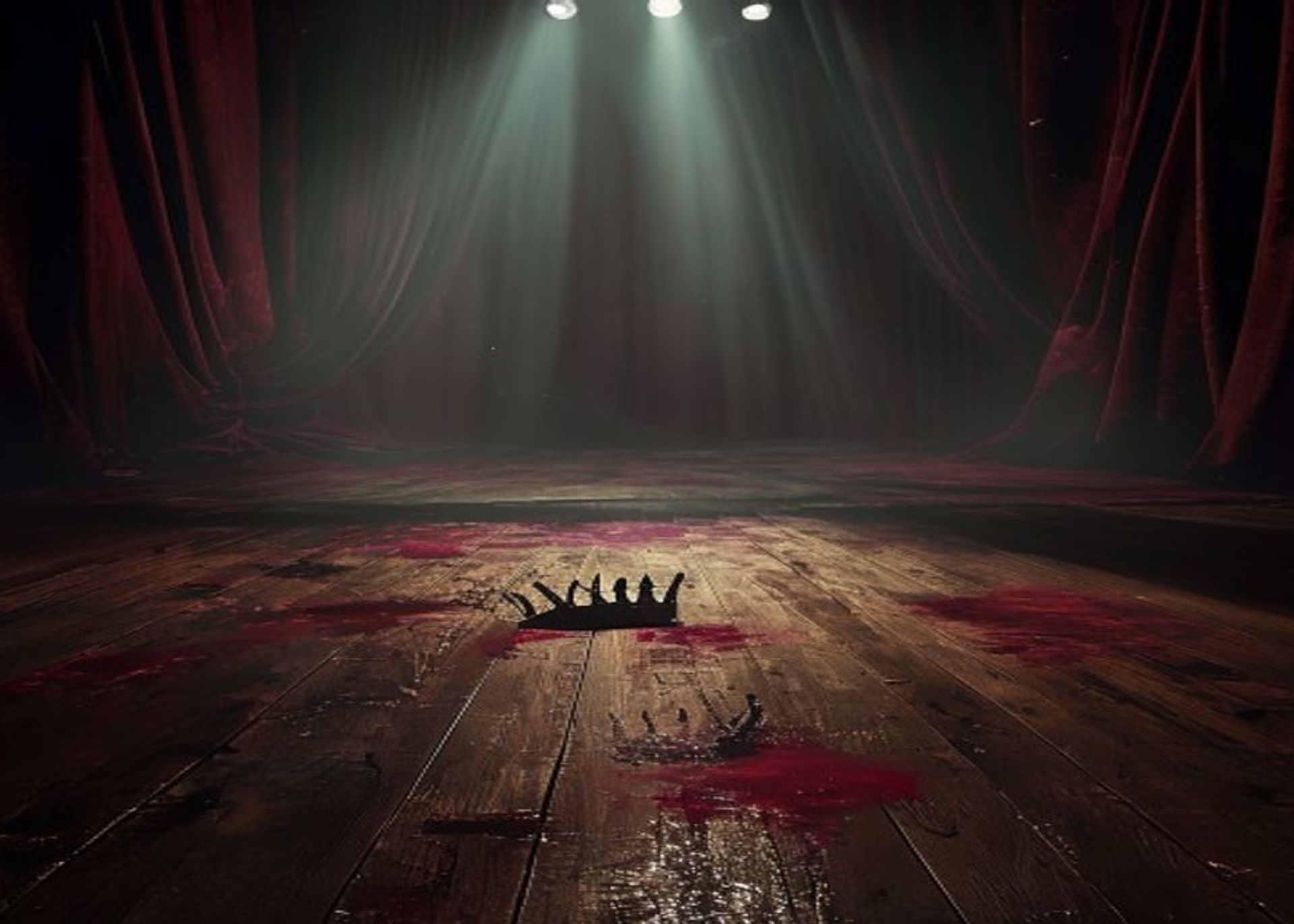 Escenario teatral vacío con un foco iluminando una corona caída sobre las tablas manchadas de rojo