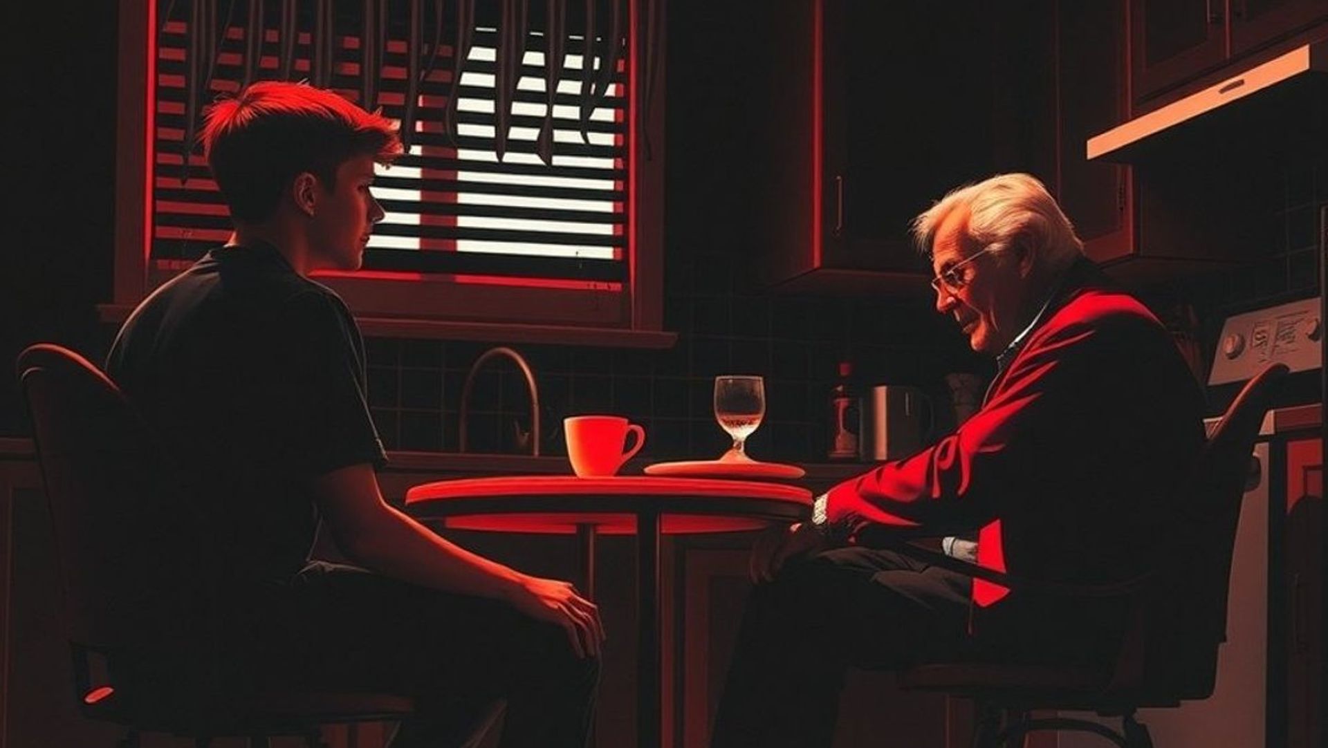 Adolescente sentado frente a un anciano en una cocina suburbana oscura, atmósfera tensa de thriller psicológico