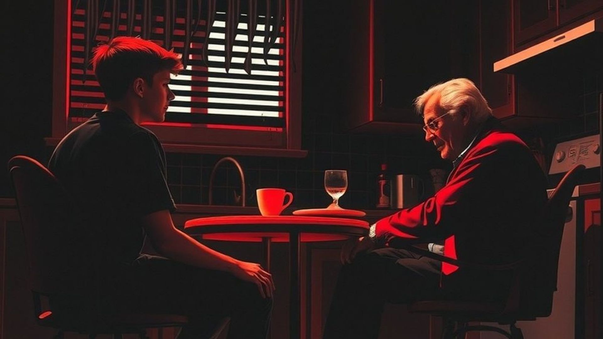 Adolescente sentado frente a un anciano en una cocina suburbana oscura, atmósfera tensa de thriller psicológico