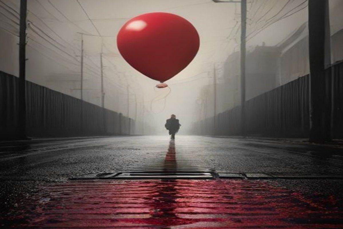 Una novela de terror de tapa dura de los años ochenta sobre una mesa, junto a un globo rojo y hojas de otoño, iluminada por velas