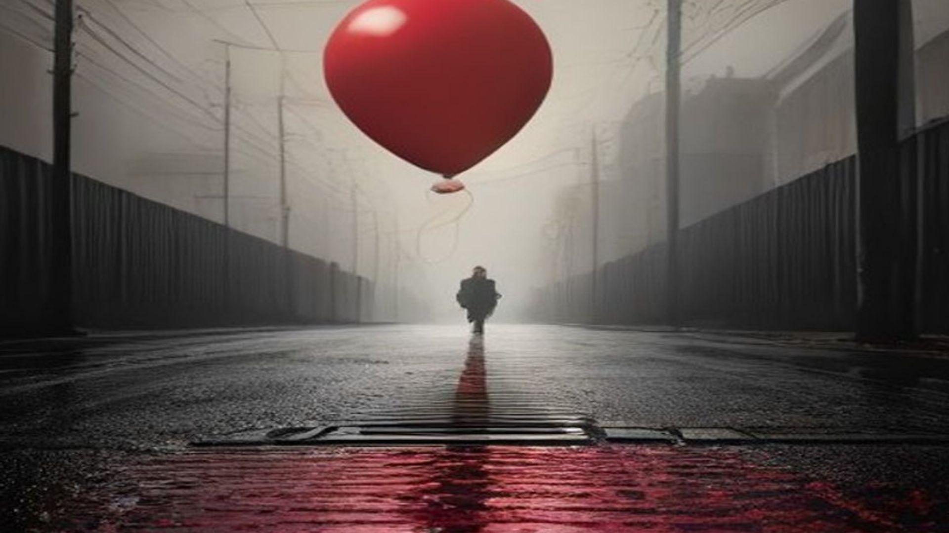 Una novela de terror de tapa dura de los años ochenta sobre una mesa, junto a un globo rojo y hojas de otoño, iluminada por velas