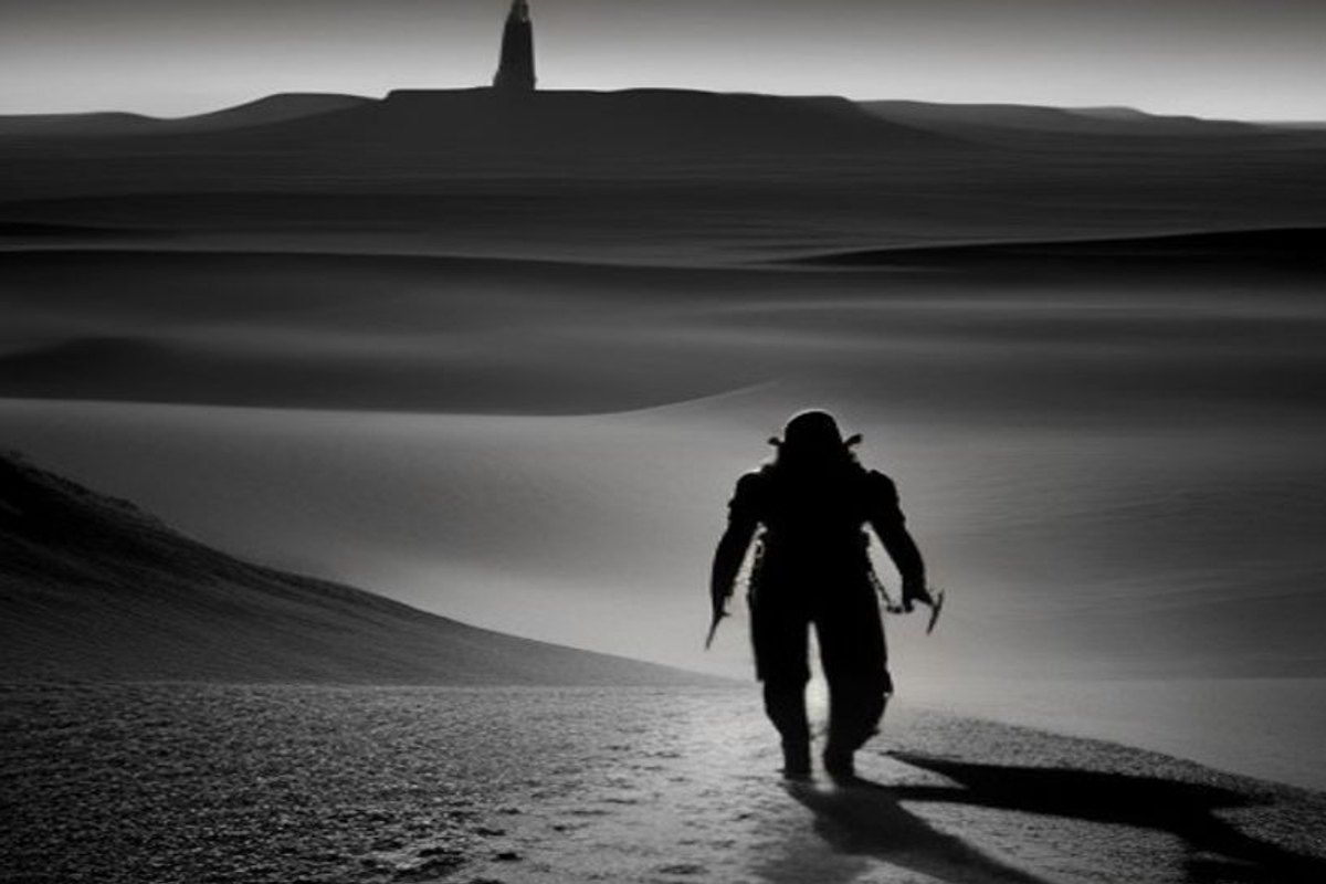 Pistolero solitario caminando por un desierto infinito hacia una torre oscura en el horizonte, camino en espiral tallado en la arena