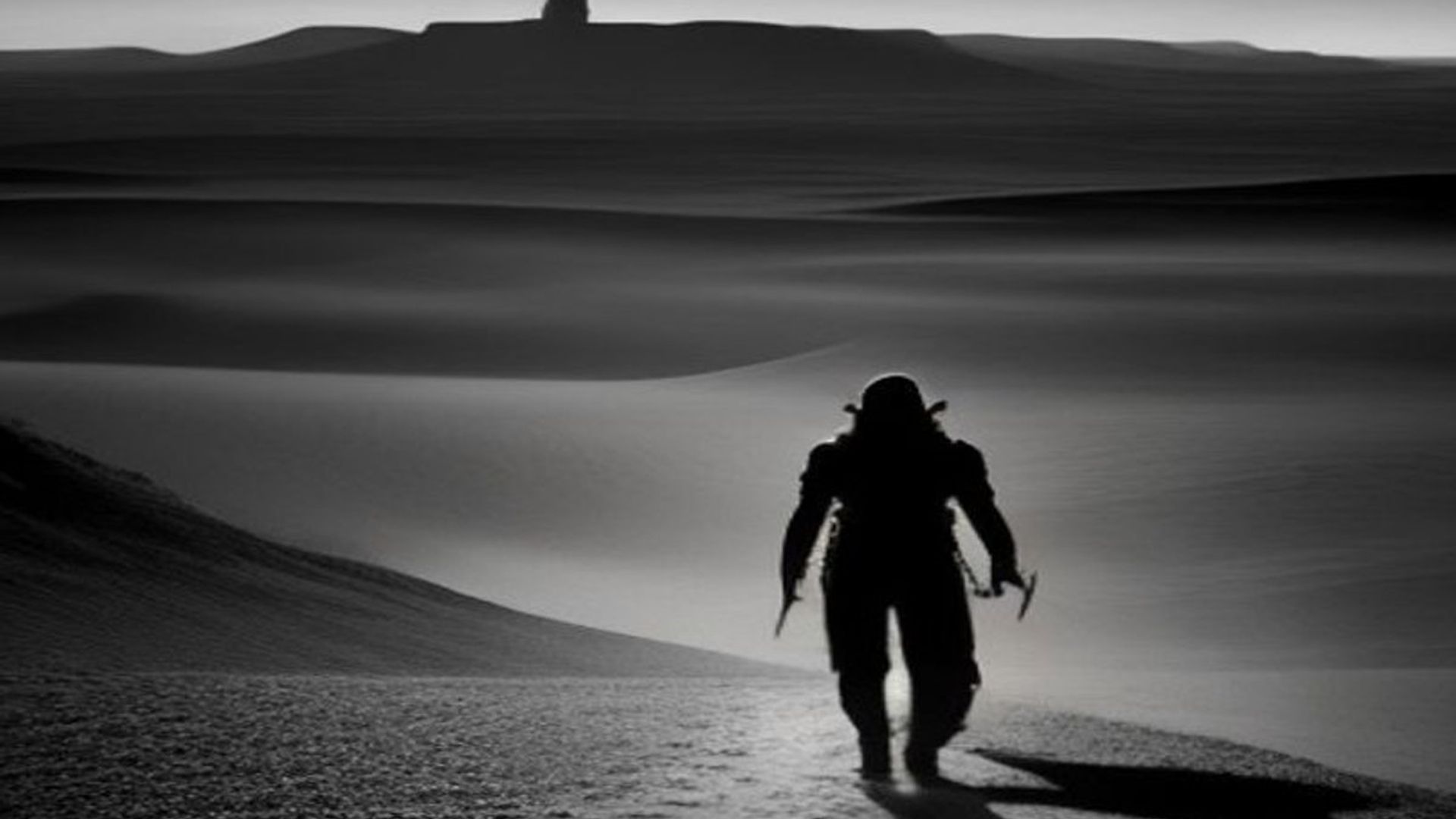 Pistolero solitario caminando por un desierto infinito hacia una torre oscura en el horizonte, camino en espiral tallado en la arena