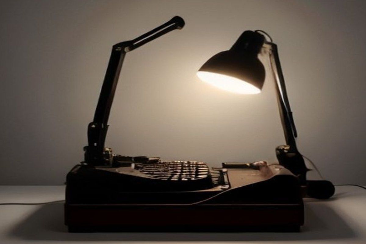 Una máquina de escribir en un estudio a oscuras, con una figura doble y sombría acechando detrás de la silla vacía del escritor