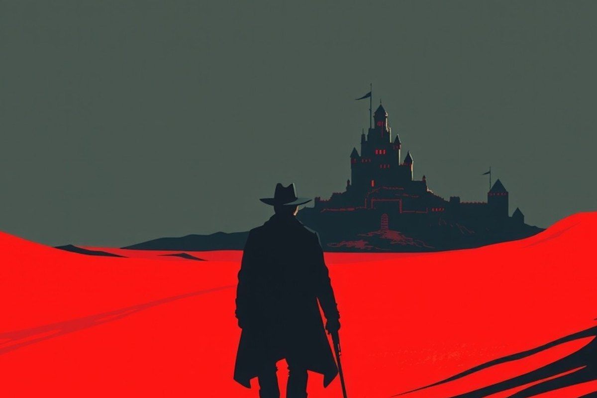 Pistolero solitario caminando por desierto rojo hacia torre oscura en el horizonte, atmósfera épica de fantasía western