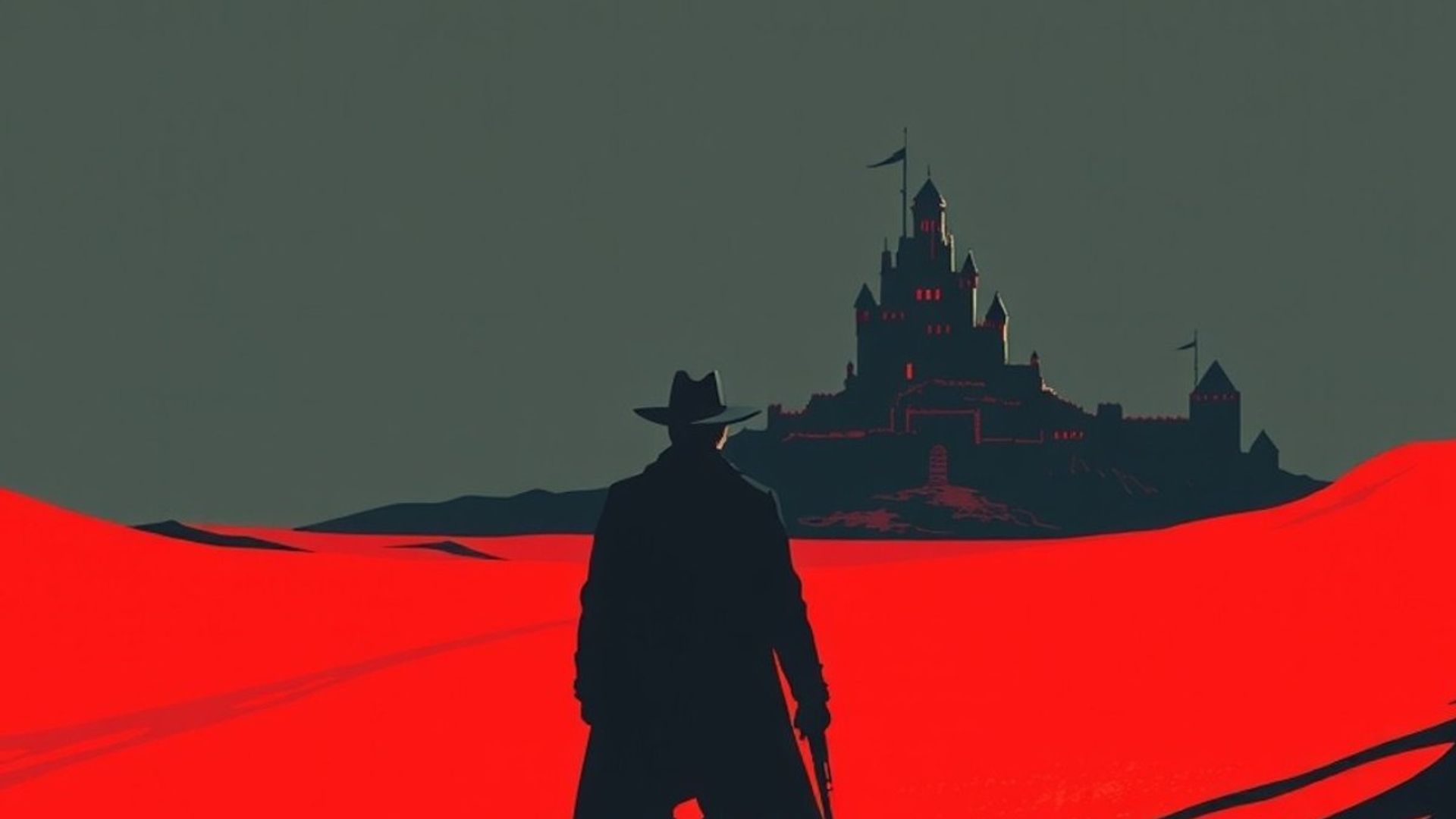 Pistolero solitario caminando por desierto rojo hacia torre oscura en el horizonte, atmósfera épica de fantasía western