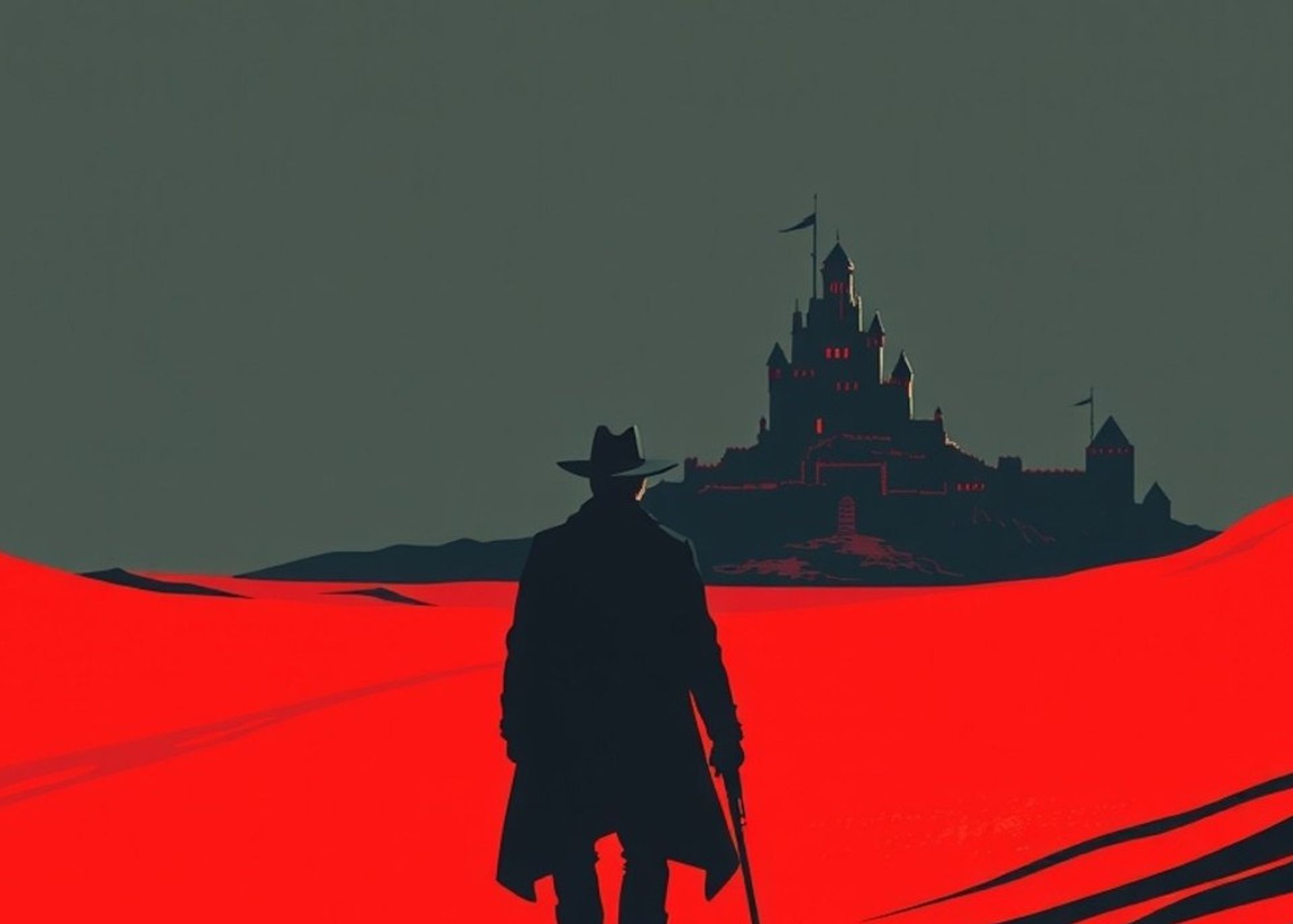 Pistolero solitario caminando por desierto rojo hacia torre oscura en el horizonte, atmósfera épica de fantasía western