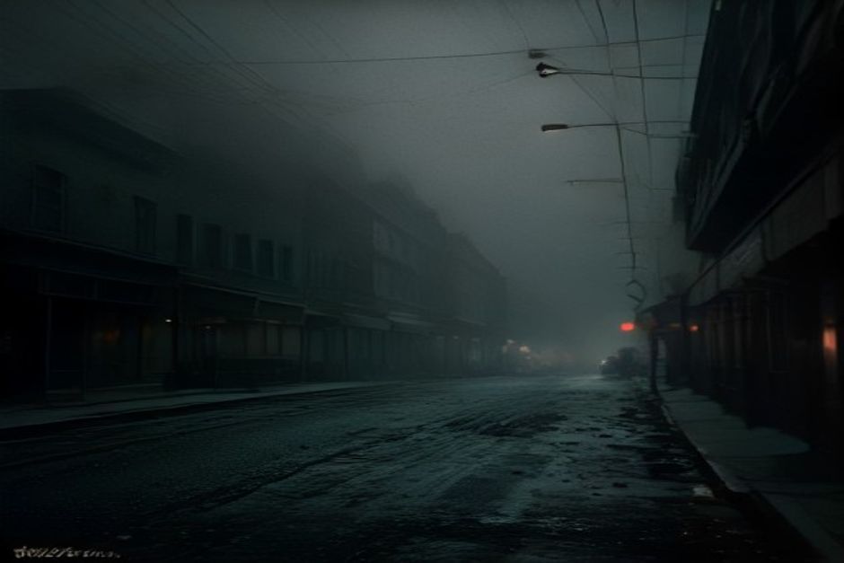 Calle principal de un pueblo estadounidense en los años treinta, de noche, con un coche de época acribillado a balazos y niebla entre los locales cerrados