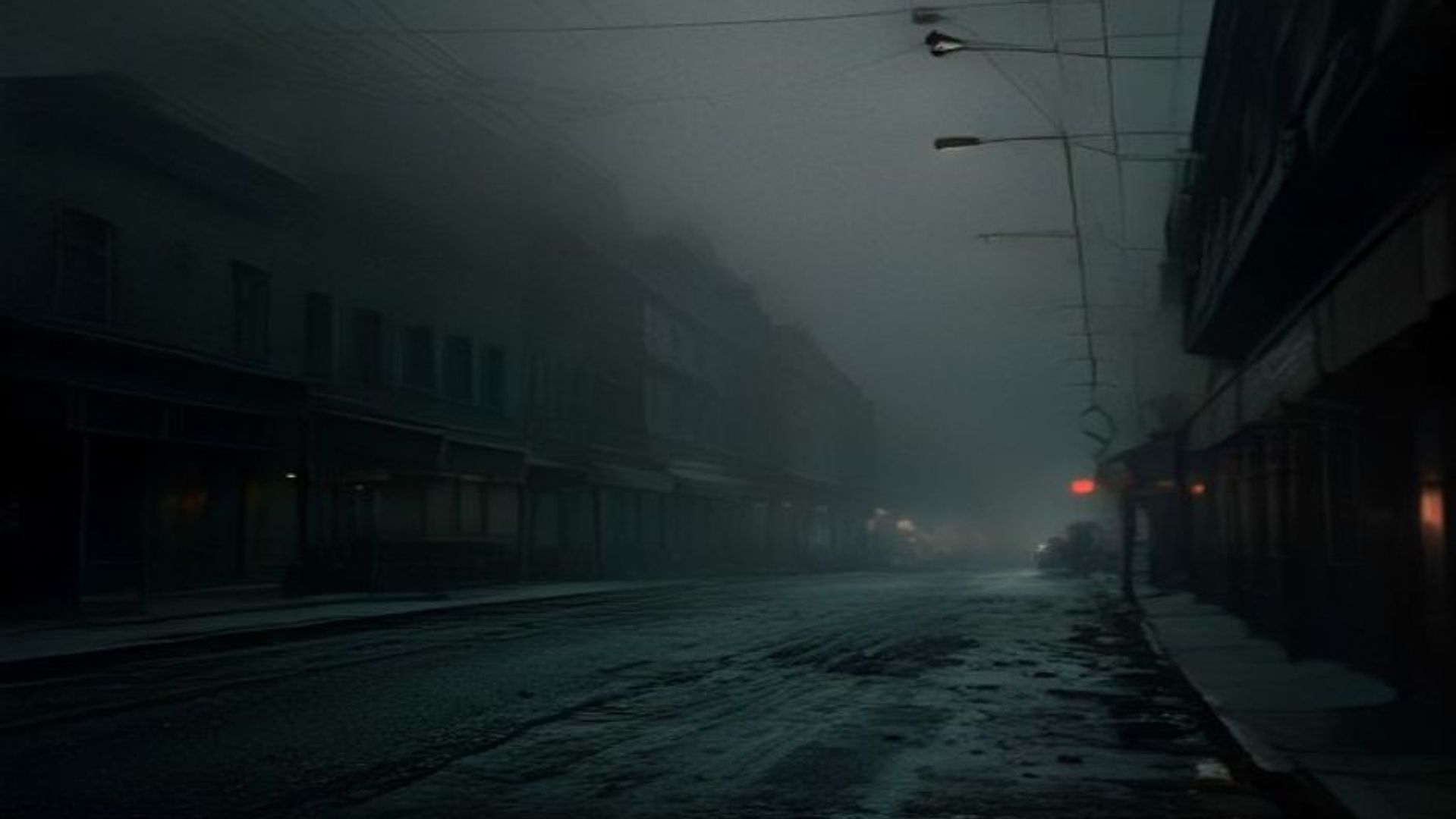 Calle principal de un pueblo estadounidense en los años treinta, de noche, con un coche de época acribillado a balazos y niebla entre los locales cerrados