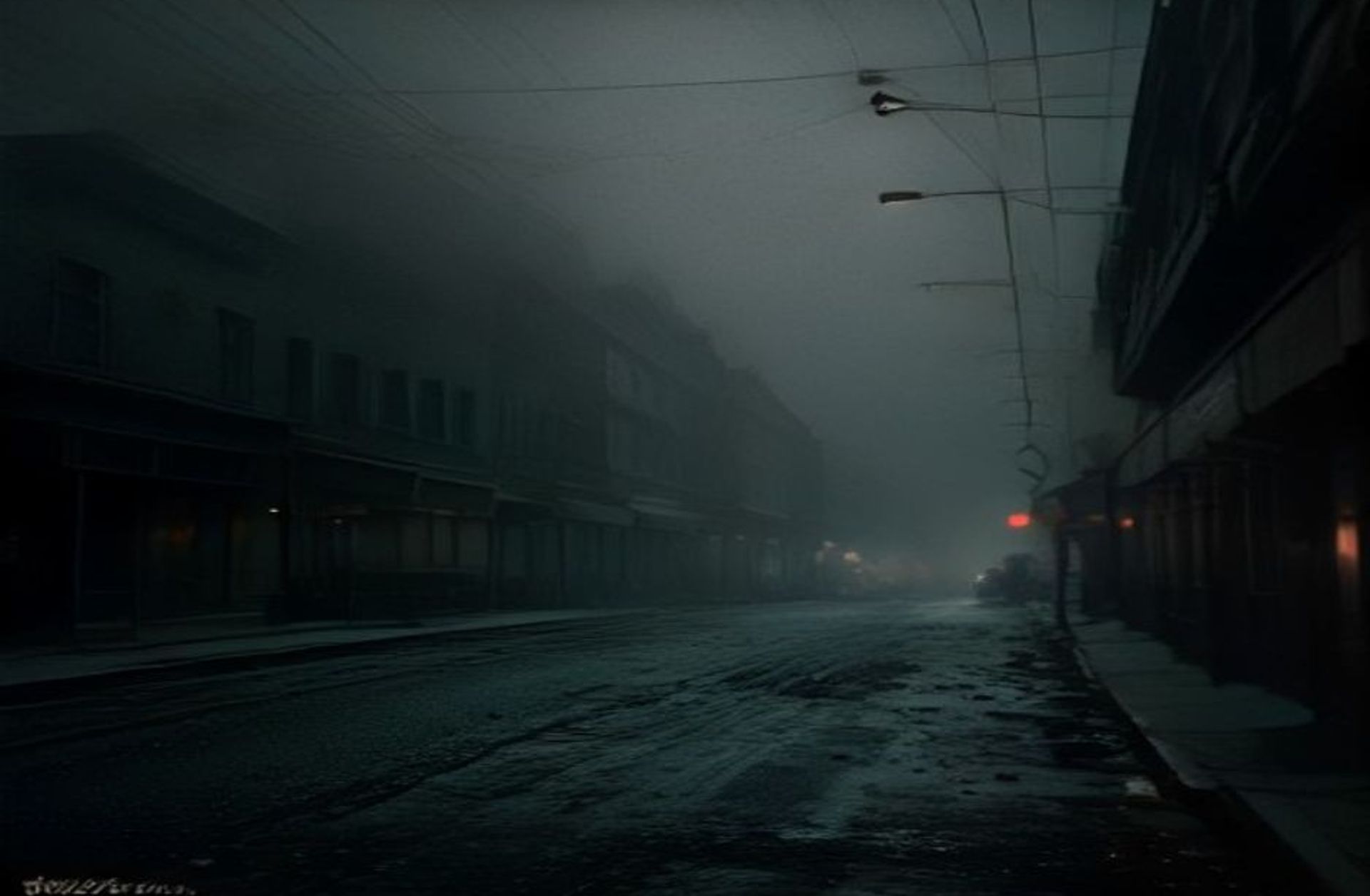Calle principal de un pueblo estadounidense en los años treinta, de noche, con un coche de época acribillado a balazos y niebla entre los locales cerrados