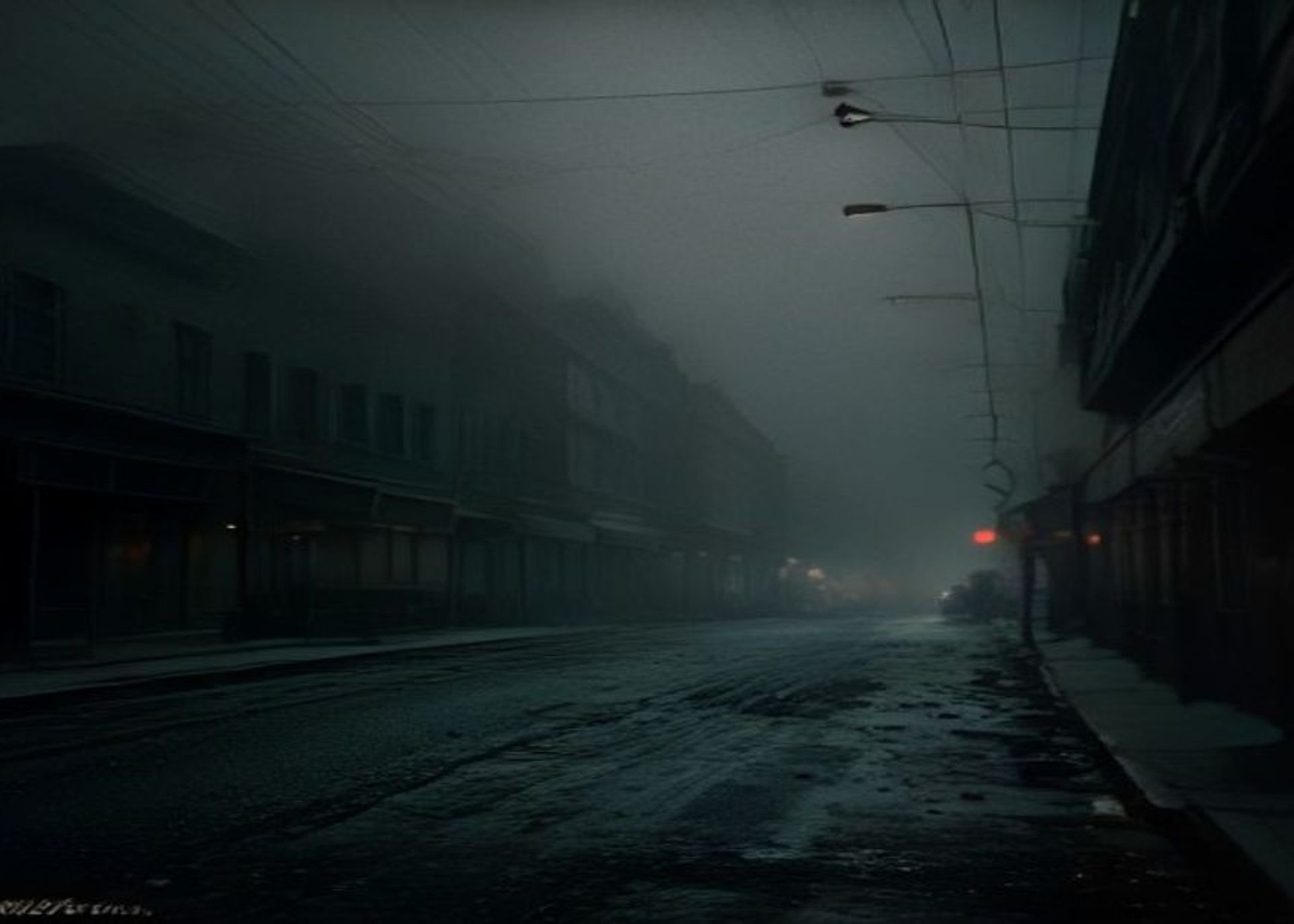 Calle principal de un pueblo estadounidense en los años treinta, de noche, con un coche de época acribillado a balazos y niebla entre los locales cerrados