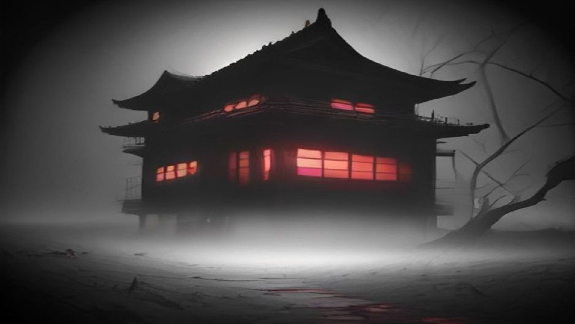 Habitación japonesa de tatami a oscuras, iluminada por un farol de papel, con la silueta de una médium arrodillada y una sombra alzándose tras una puerta corredera