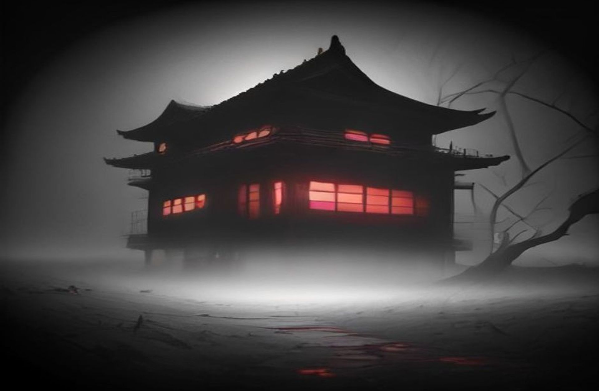 Habitación japonesa de tatami a oscuras, iluminada por un farol de papel, con la silueta de una médium arrodillada y una sombra alzándose tras una puerta corredera