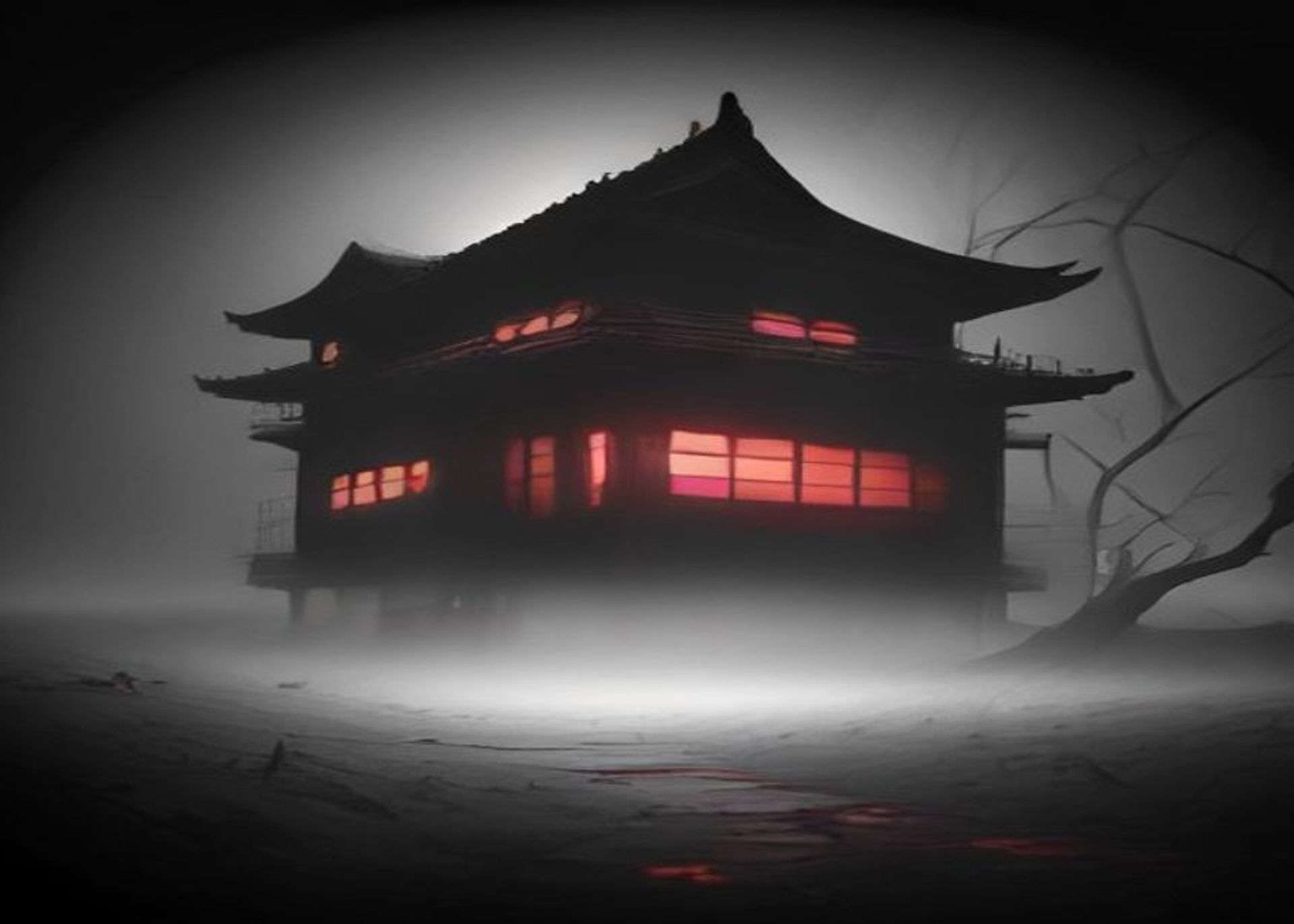 Habitación japonesa de tatami a oscuras, iluminada por un farol de papel, con la silueta de una médium arrodillada y una sombra alzándose tras una puerta corredera