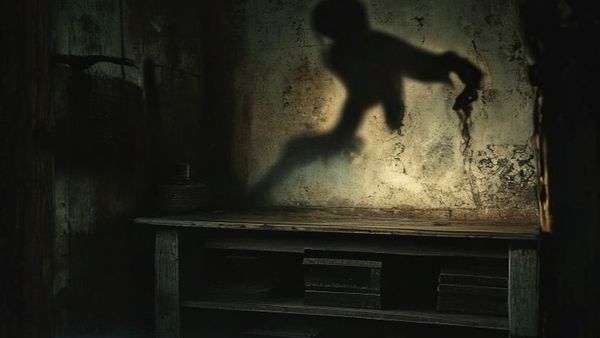 Un juguete de madera antiguo sobre un estante, iluminado con una luz inquietante en una habitación oscura, con una sombra amenazante en la pared