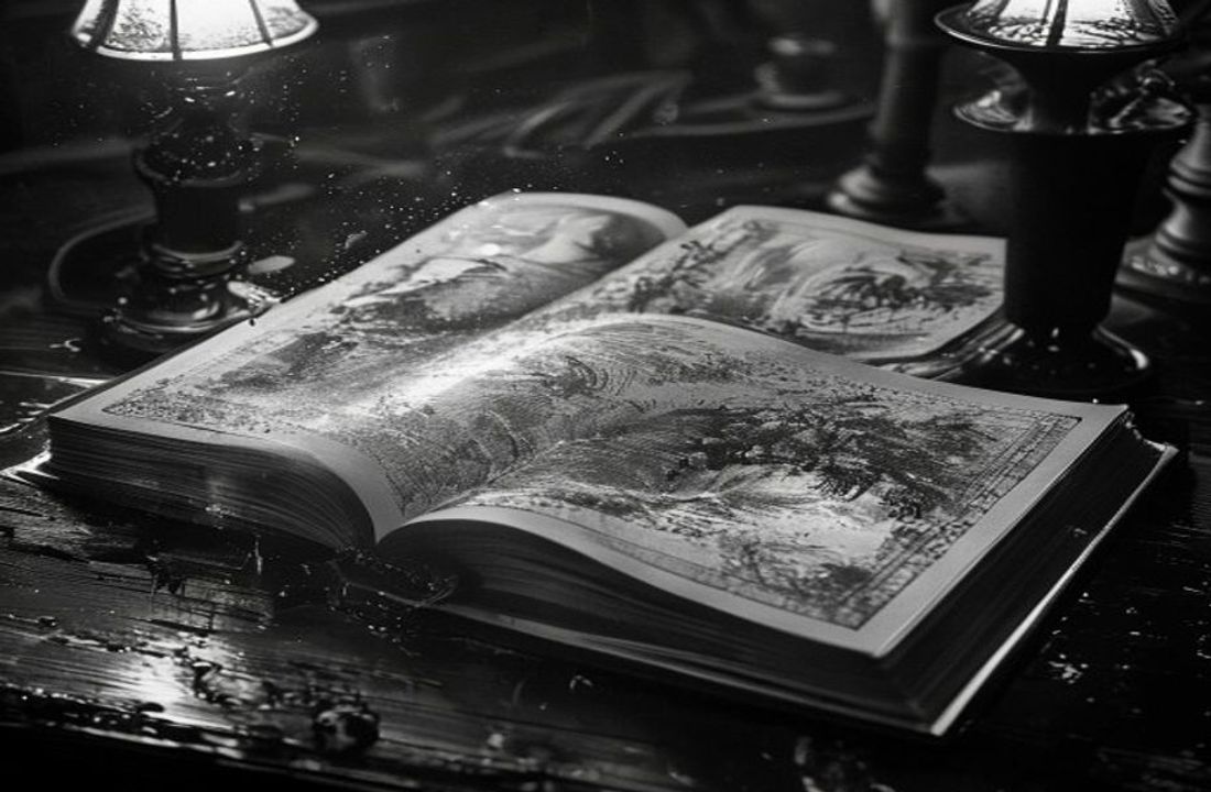Libro ilustrado abierto sobre una mesa de madera, con dibujos a tinta de dos mundos distintos en sus páginas enfrentadas