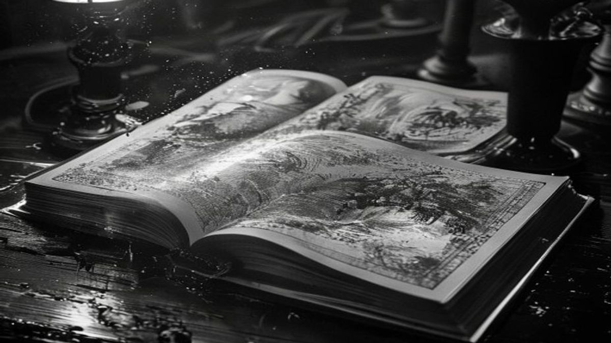 Libro ilustrado abierto sobre una mesa de madera, con dibujos a tinta de dos mundos distintos en sus páginas enfrentadas