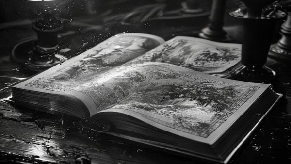 Libro ilustrado abierto sobre una mesa de madera, con dibujos a tinta de dos mundos distintos en sus páginas enfrentadas