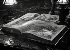 Libro ilustrado abierto sobre una mesa de madera, con dibujos a tinta de dos mundos distintos en sus páginas enfrentadas