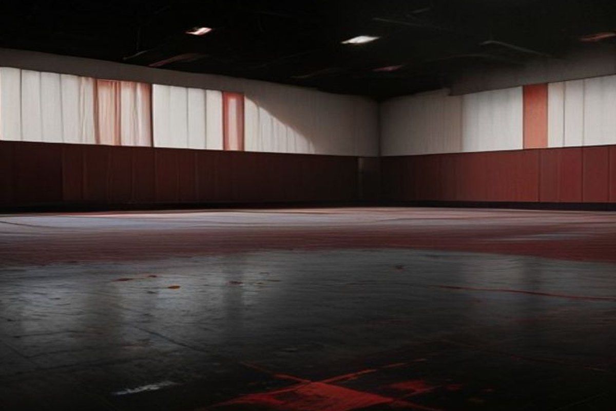 Gimnasio de instituto vacío después de un baile, con sillas volcadas y luz cruda