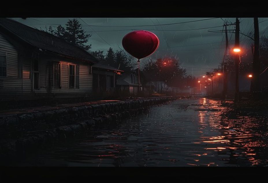 Un globo rojo flotando sobre una alcantarilla inundada en una calle lluviosa al atardecer, atmósfera de terror